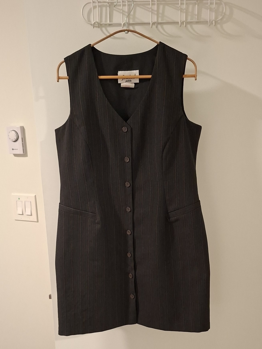 Vintage 90's Button-through Sleeveless Pinstripe Mini Dress Office Cute (US 12P)